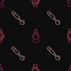 Poster - Set line Wrist watch, Measuring spoon and Drawing compass on seamless pattern. Vector