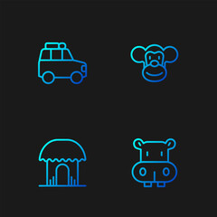 Sticker - Set line Hippo or Hippopotamus, African hut, Car and Monkey. Gradient color icons. Vector