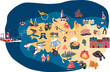 Map of the french area: Bretagne. Set of illustrated icons in a vector flat design. Icons of food, culture and landscapes.