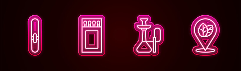 Sticker - Set line Cigar, Matchbox and matches, Hookah and Tobacco leaf. Glowing neon icon. Vector