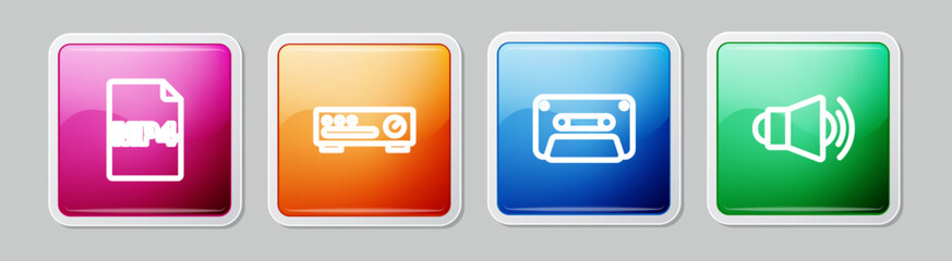 Sticker - Set line MP4 file document, Sound mixer controller, Retro audio cassette tape and Megaphone. Colorful square button. Vector