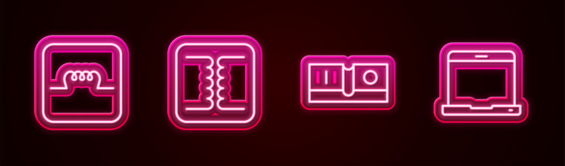 Poster - Set line Inductor in electronic circuit, Electrical transformer, light switch and Laptop. Glowing neon icon. Vector