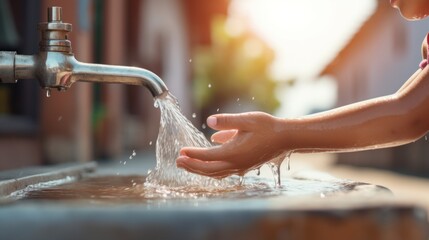 Canvas Print - A child washing their hands with water from a faucet, AI