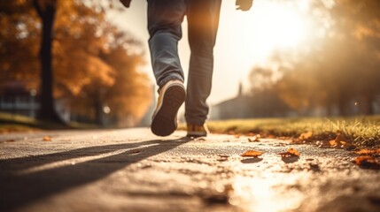 Canvas Print - A person walking on a path in the park during sunset, AI