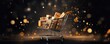 Christmas shopping cart is full with presents during sales, bokeh panorama. Generative Ai