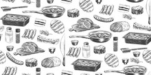 Seamless Pattern With Kitchen Utensils And Fried Meat. Sketch Style Roast Beef On Cutting Board. Sausage, Speck, Steak, Lamb Ribs. Engraving Style Baking Sheet, Frying Pan, Knife, Spice Jars On White