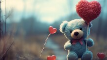 A teddy bear holding a heart-shaped lollipop, 