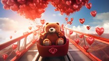 A Teddy Bear With Heart-shaped Balloons In A Roller Coaster, "Our Love Is An Exciting Ride."