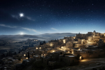 Canvas Print - Christmas star over city of Bethlehem. Nativity story. Birth of Jesus Christ. Beautiful dark blue starry sky and bright star background