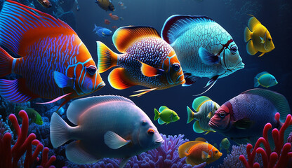 Wall Mural - Many colorful fish underwater aquarium AI Generated pictures