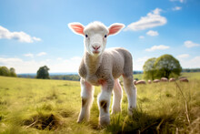 A Lamb Standing In A Green Grassy Field And Clouds Against The Blue Skies. Innocence And Sacrifice Concept. No People