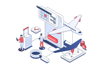 Poster - Booking flight concept in 3d isometric design. Travellers planning trips, choosing tour destination, ordering and buying plane tickets. Illustration with isometry people scene for web graphic.