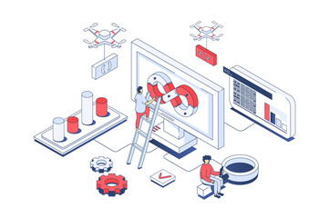 Aufkleber - DevOps concept in 3d isometric design. Developer team working in agile processes and programming automations for creating products. Illustration with isometry people scene for web graphic.