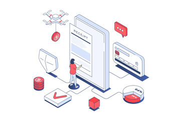 Electronic receipt concept in 3d isometric design. Woman pays digital invoice, processing check pay, maks transfer using online banking. Illustration with isometry people scene for web graphic.