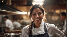 Smiling Latin Female Chef In Her Restaurant, Women Owned Business Concept
