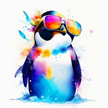 A Close-up Portrait Of A Fashionable-looking Multicolored Colorful Fantasy Cute Stylish Penguin Wearing Sunglasses. Generative AI Illustration. Printable Design For T-shirts, Mugs, Cases, Etc