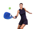 Padel tennis player with racket on tournament isolated on white background. Girl athlete with paddle racket on court with neon colors. Sport concept