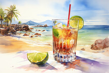 Cold Cocktail With Tropical Fruits And Ice Cubes On A Sandy Beach, Summer, Watercolor Illustration.