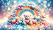 A single teddy bear hugs a heart in a blissful rainbow scene filled with love and softness