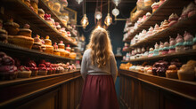 Young Girl Standing Amid Towering Shelves Of Delicious Pastries, Cakes And Baked Goods. Generative AI.