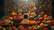 Small Child Reaching Up Toward a Bountiful Mountain of Food Piled High with Endless Fresh Fruits and Abundant Colorful Vegetables. Generative AI.