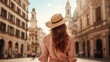 Fototapeta Uliczki - pretty woman tourist walking by old European city, person have summer vacation at Europe, female travel by streets of Italy or France