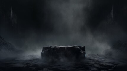 Wall Mural - Podium black dark smoke background product platform abstract stage texture fog spotlight. Dark black floor podium dramatic empty night room table concrete wall scene place display studio smoky dust