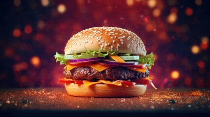 Canvas Print - Cheeseburger with cheese, lettuce and onions on a dark background, AI