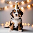 puppy with party hat sitting on white surface with string lights in background