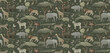 African animals in the habitat seamless pattern on dark background. Earthy color palette illustration. Exotic nature wallpaper for home decoration, fabric, postcard.