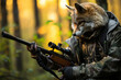 Fuchs im Rollentausch als Jäger mit Menschenkörper mit Gewehr (Durch AI generiert)
