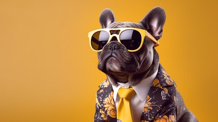 Canvas Print - cool looking french bulldog dog wearing funky fashion dress tie and glasses. generative ai