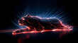 A red neon panther shaped by digital lasers lying on the floor.