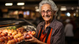 Fototapeta  - Older lady working happily in a greengrocer. Grandmother working selling apples in a store. Active retiree performing sales tasks. Active and vital woman. Concept of active old age, vitality, happin