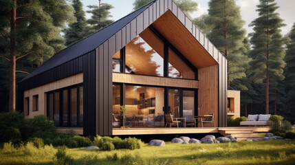 Exterior image of a contemporary home with flat roof and brown trim and lush green grass blue sky forest in the background furnished patio for outdoor dining and lounging