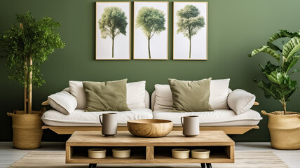 Rustic coffee table near sofa against green wall with two frames. Scandinavian home interior design of modern living room, Generative AI