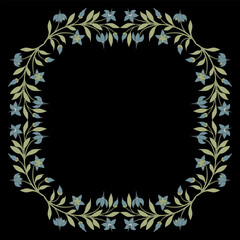 Wall Mural - Rectangular floral frame with blooming branches of nightshade plant. Square botanical border with green leaves and blue flowers on black background. Folk style.