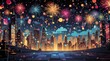 a colorful illustration showing a New Year's Eve background. Generative AI.