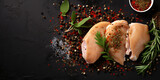 Fototapeta  - Chicken fillet with spices and herbs at black table. top view