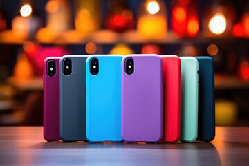 lineup of colorful smartphones with protective cases against a lively, blurred bokeh light background