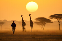 African Sunset With The Silhouette Of Giraffes Trees And A Man Walking Towards The Horizon