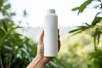 mock-up of a photo of a hand holding an environmentally friendly, biodegradable bottle of cosmetics against a background of green plants, the concept of emphasizing the positive impact on nature,