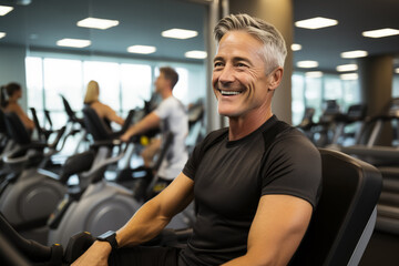 Wall Mural - Portrait of middle age smiling muscular man in gym. Healthy lifestyle. sport concept