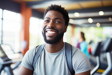 Wall Mural - Portrait of young African smiling muscular man in gym. Healthy lifestyle. sport concept