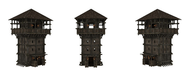 Poster - Ancient medieval wooden tower building with balcony on the top floor. Isolated 3D rendering with 3 angles.