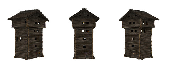 Poster - Medieval wooden tower buildings. 3D illustration from 3 angles isolated.