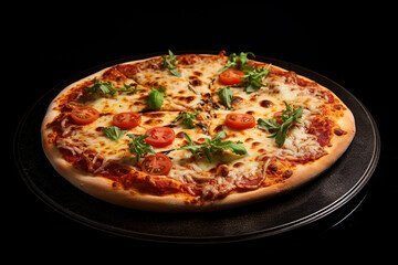Wall Mural - Pizza with mozzarella cheese and tomato sauce on black background