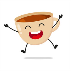 Wall Mural - Cute happy cup of coffee character. Funny victory jump celebration drink cartoon emoticon in flat style. closet vector illustration