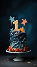 Birthday Cake For A Little Girl And Boy With Number One. First Birthday. Lots Of Sweet Decorations, Stars. Dark Blue Background. Great Greeting Card, Celebration Invitation Design