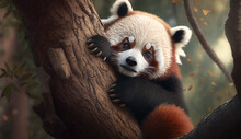 Realistic Panda Roux In Tree Animal AI Generated